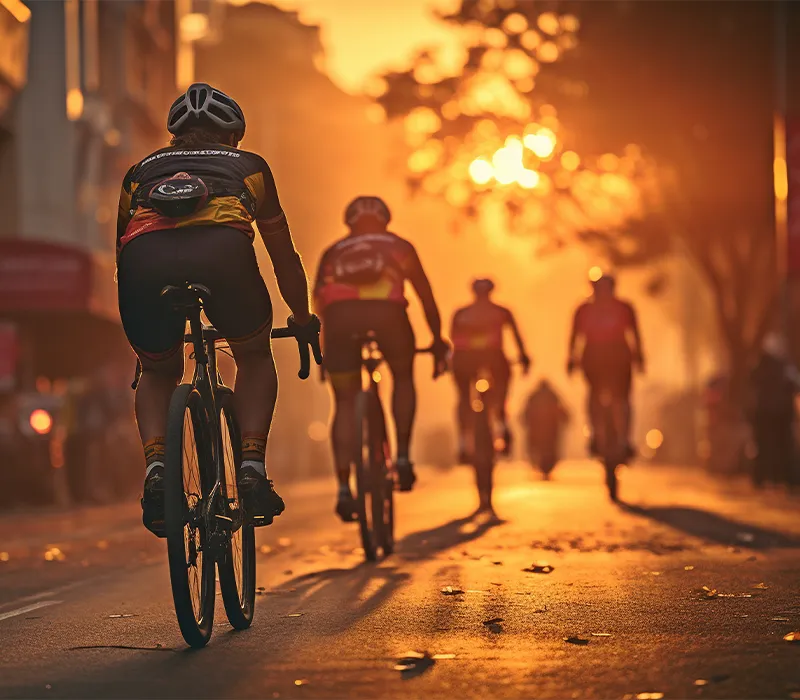 Fahrradrennen bei Sonnenuntergang auf der Straße